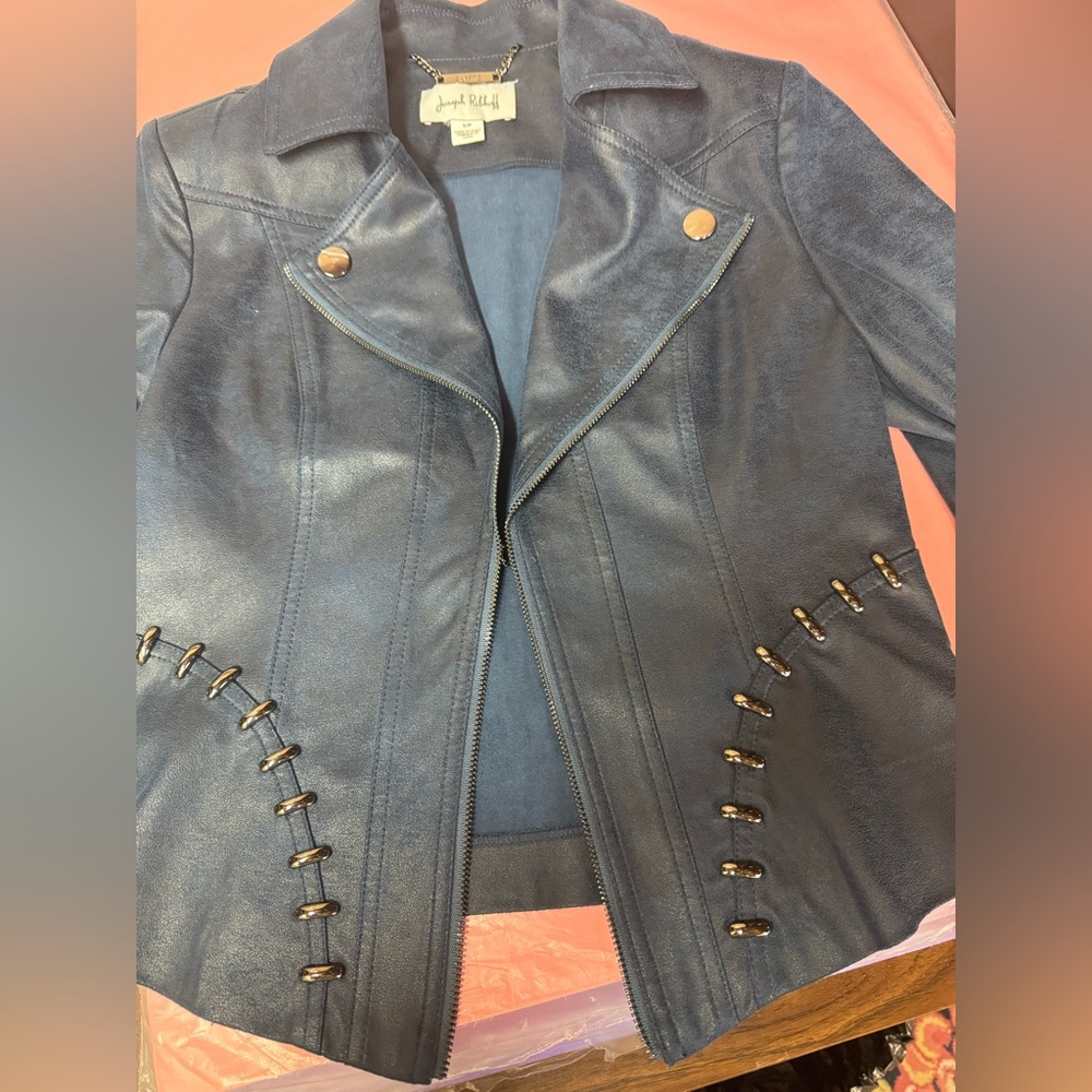 Joseph Ribkoff Studded Vegan Leather Jacket Blue - Picture 11 of 11